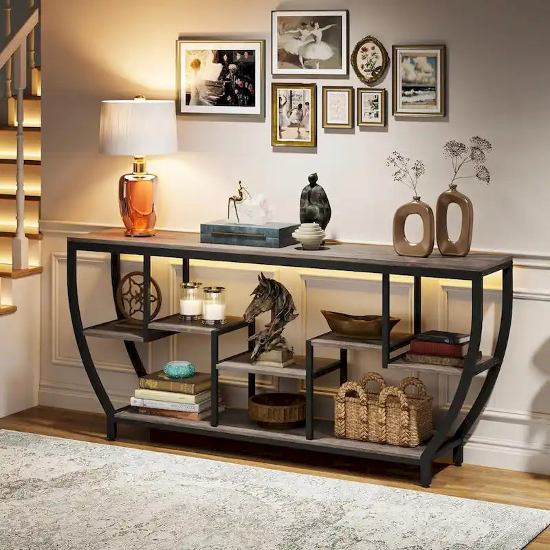 Table console extra longue de 180 cm avec étagères, table console de canapé
