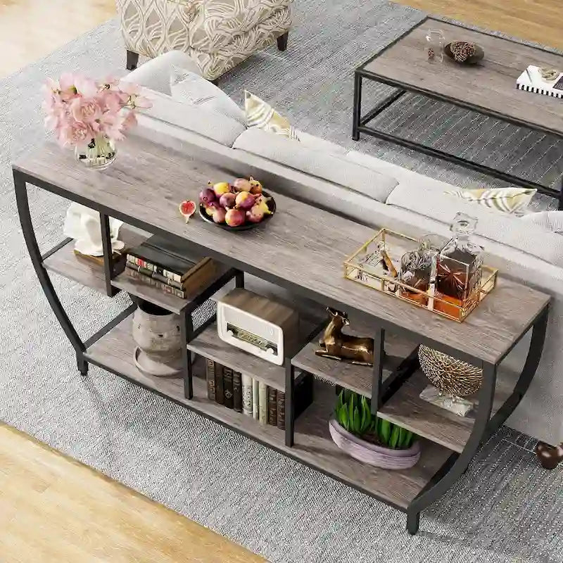 Table console extra longue de 180 cm avec étagères, table console de canapé