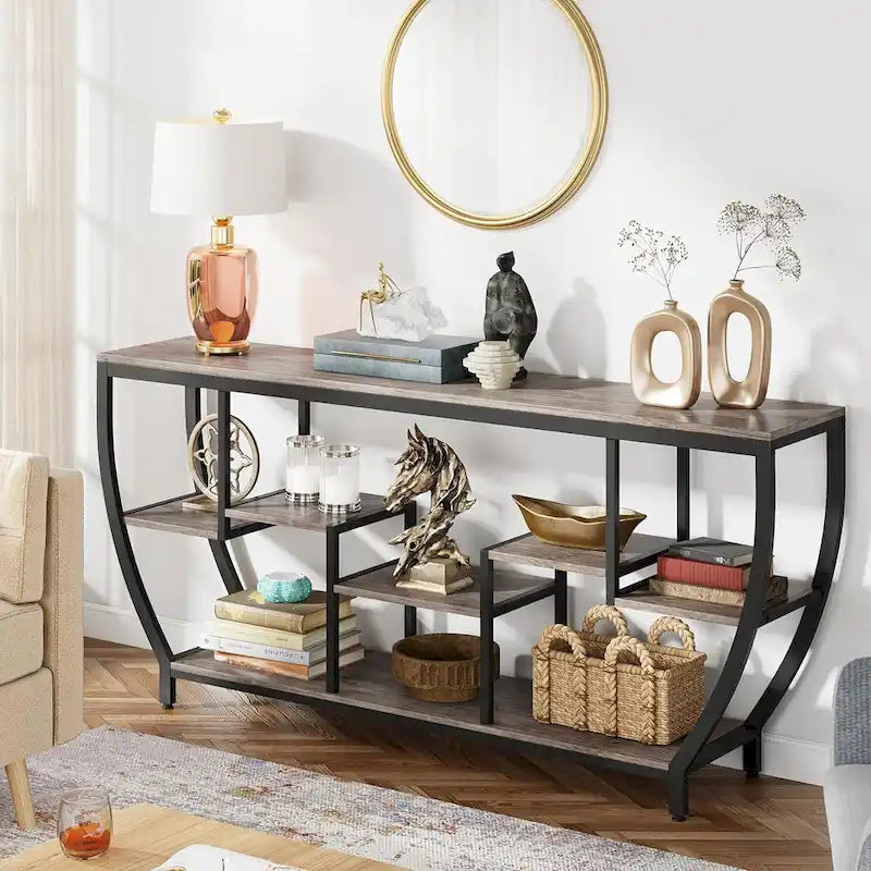 Table console extra longue de 180 cm avec étagères, table console de canapé