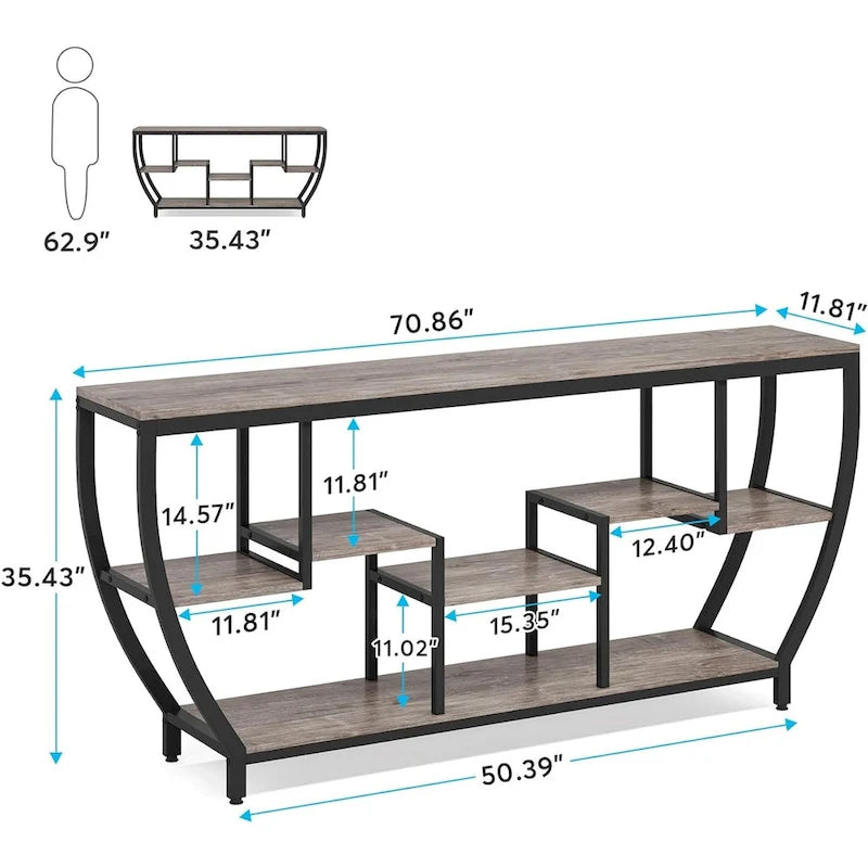 Table console extra longue de 180 cm avec étagères, table console de canapé