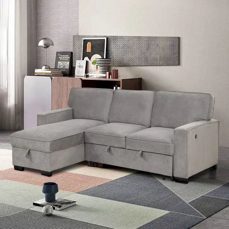 Canapé-lit futon avec ports USB et porte-gobelets, canapé sectionnel avec méridienne de rangement