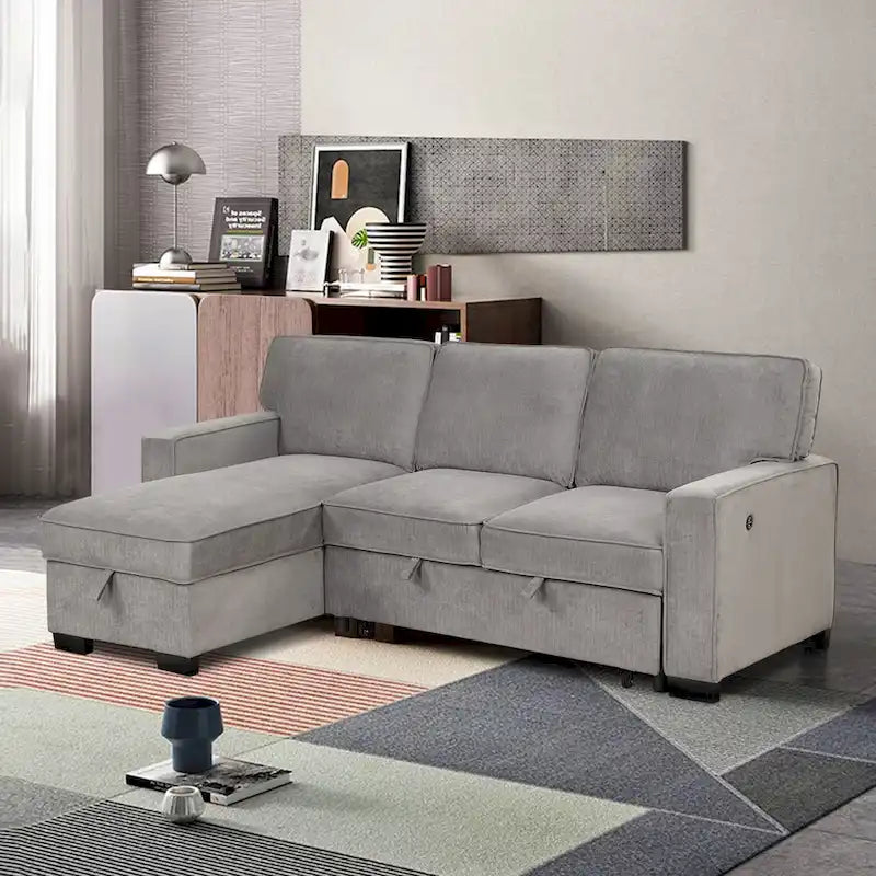 Canapé-lit futon avec ports USB et porte-gobelets, canapé sectionnel avec méridienne de rangement