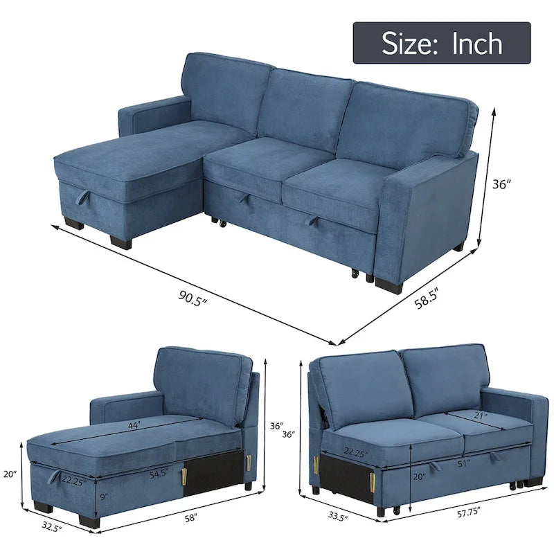 Canapé-lit futon avec ports USB et porte-gobelets, canapé sectionnel avec méridienne de rangement