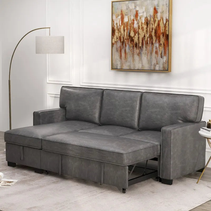 Canapé-lit futon avec ports USB et porte-gobelets, canapé sectionnel avec méridienne de rangement