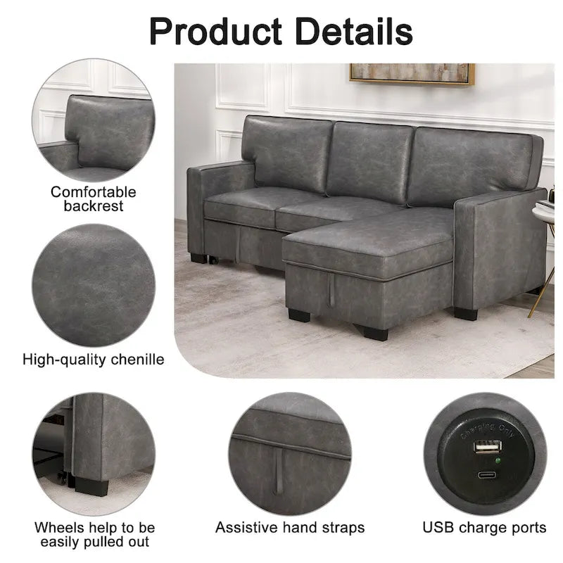 Canapé-lit futon avec ports USB et porte-gobelets, canapé sectionnel avec méridienne de rangement
