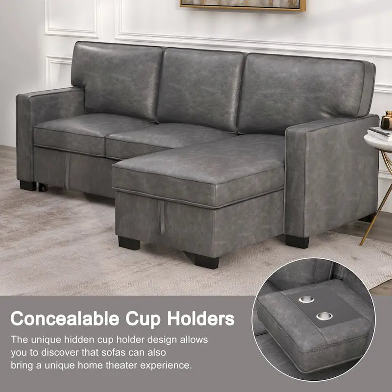 Canapé-lit futon avec ports USB et porte-gobelets, canapé sectionnel avec méridienne de rangement