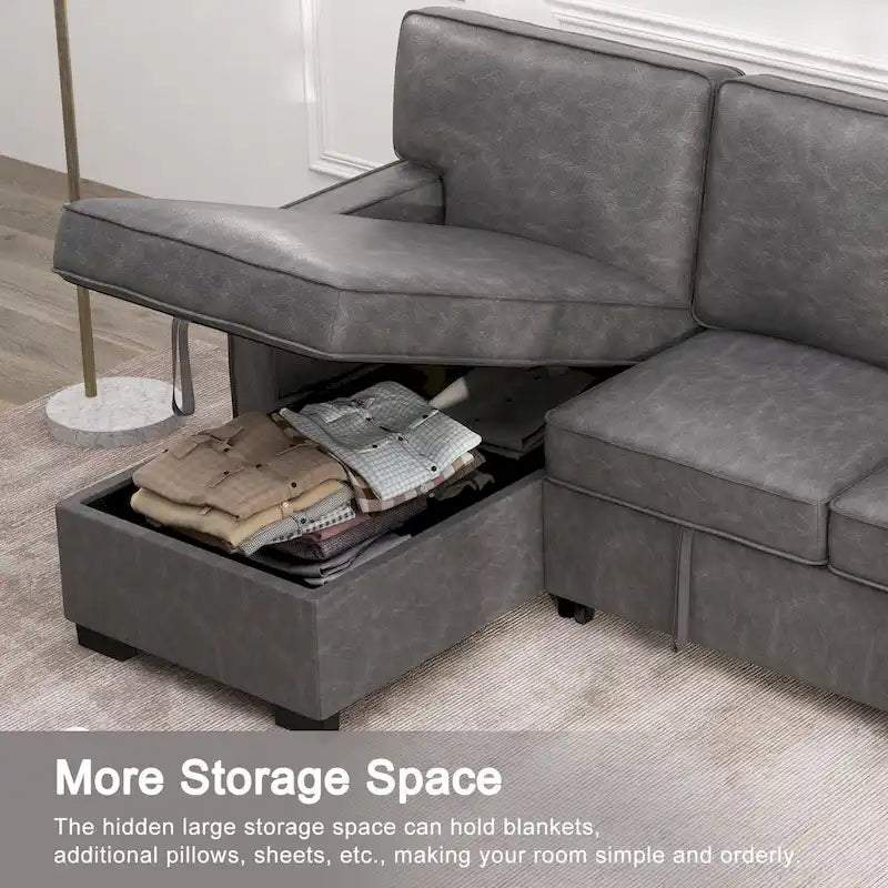 Canapé-lit futon avec ports USB et porte-gobelets, canapé sectionnel avec méridienne de rangement