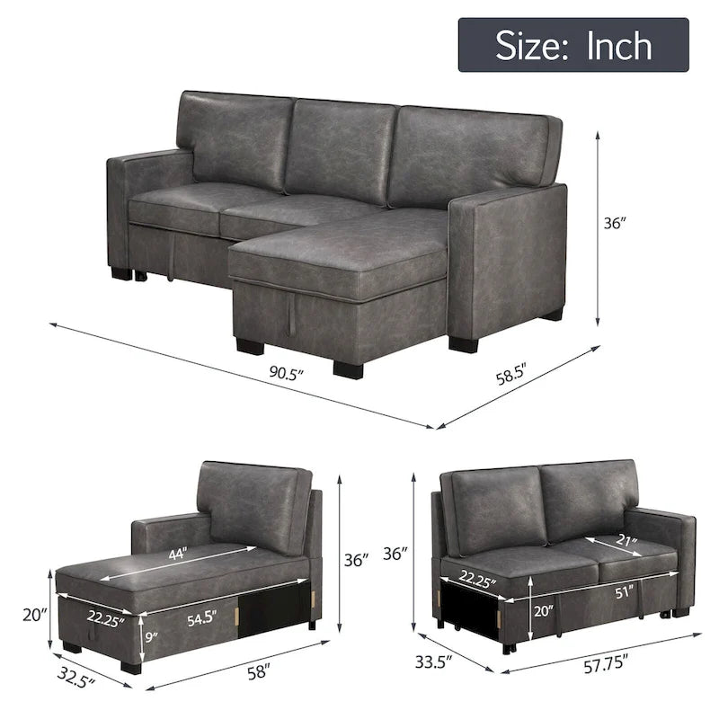 Canapé-lit futon avec ports USB et porte-gobelets, canapé sectionnel avec méridienne de rangement