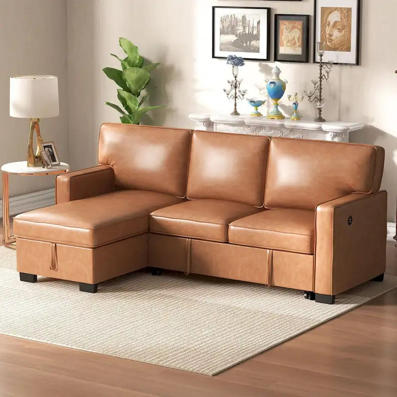 Canapé-lit futon avec ports USB et porte-gobelets, canapé sectionnel avec méridienne de rangement