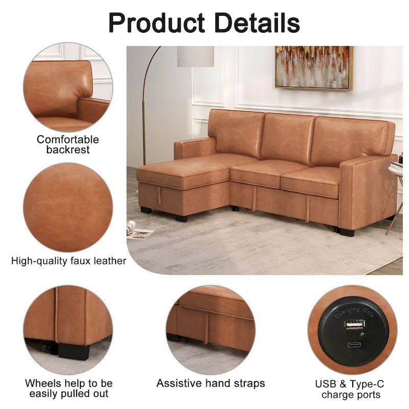 Canapé-lit futon avec ports USB et porte-gobelets, canapé sectionnel avec méridienne de rangement