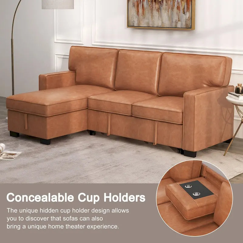 Canapé-lit futon avec ports USB et porte-gobelets, canapé sectionnel avec méridienne de rangement