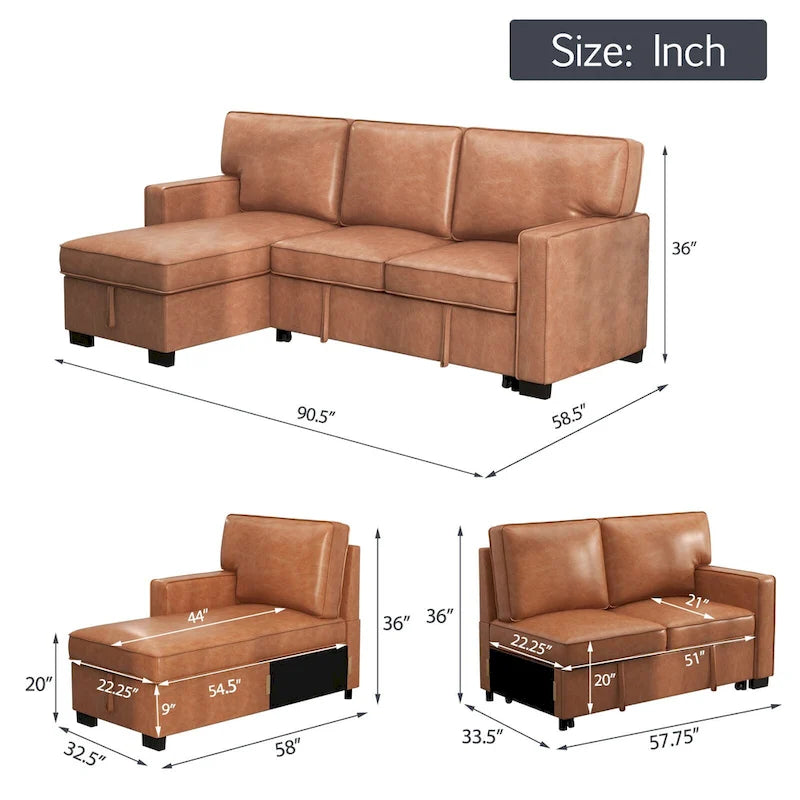 Canapé-lit futon avec ports USB et porte-gobelets, canapé sectionnel avec méridienne de rangement