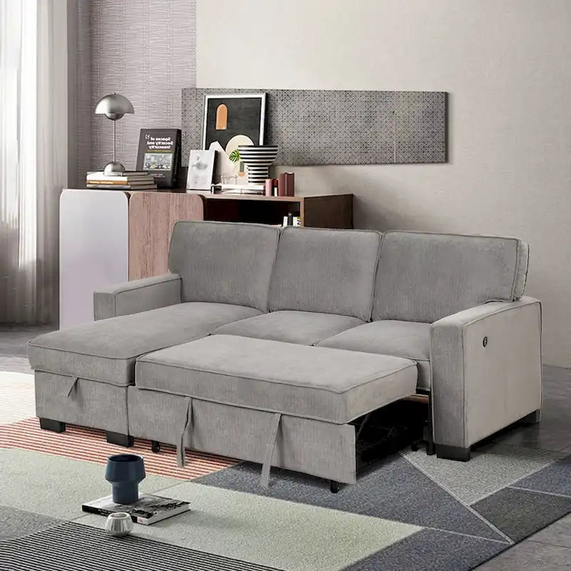 Canapé-lit futon avec ports USB et porte-gobelets, canapé sectionnel avec méridienne de rangement