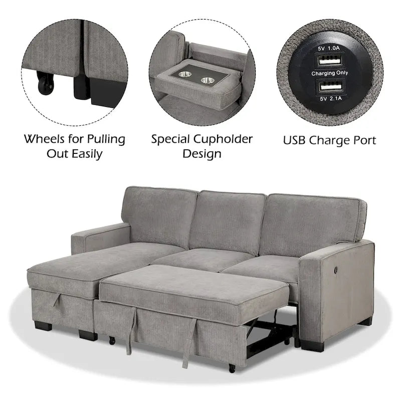 Canapé-lit futon avec ports USB et porte-gobelets, canapé sectionnel avec méridienne de rangement