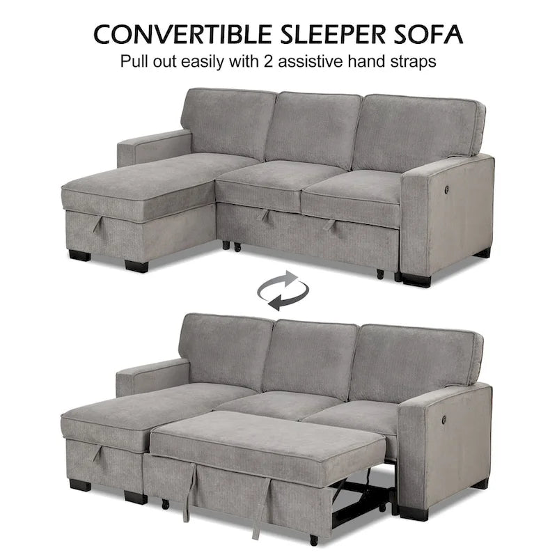 Canapé-lit futon avec ports USB et porte-gobelets, canapé sectionnel avec méridienne de rangement