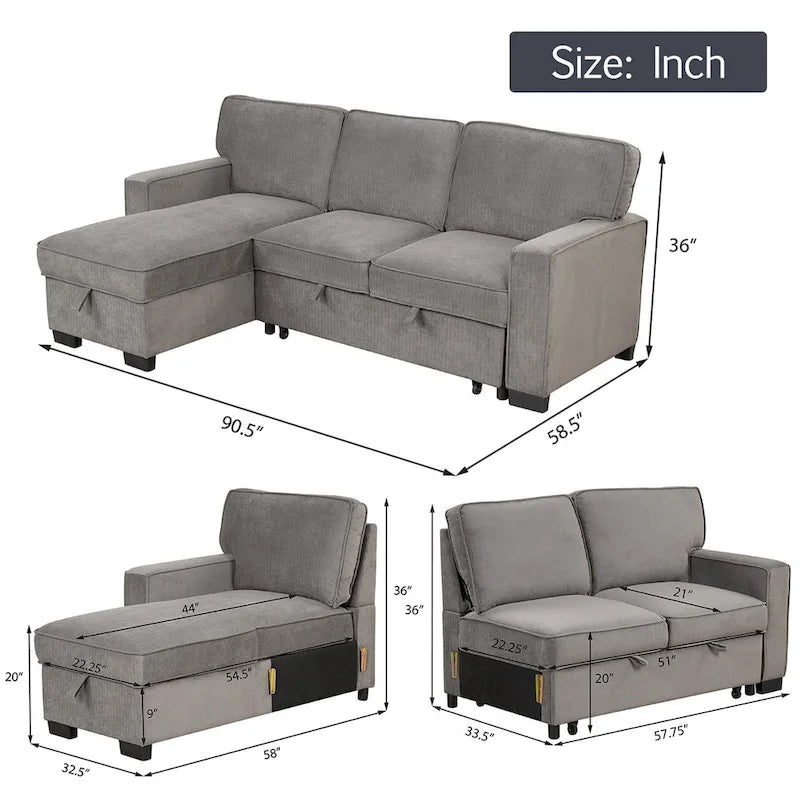Canapé-lit futon avec ports USB et porte-gobelets, canapé sectionnel avec méridienne de rangement