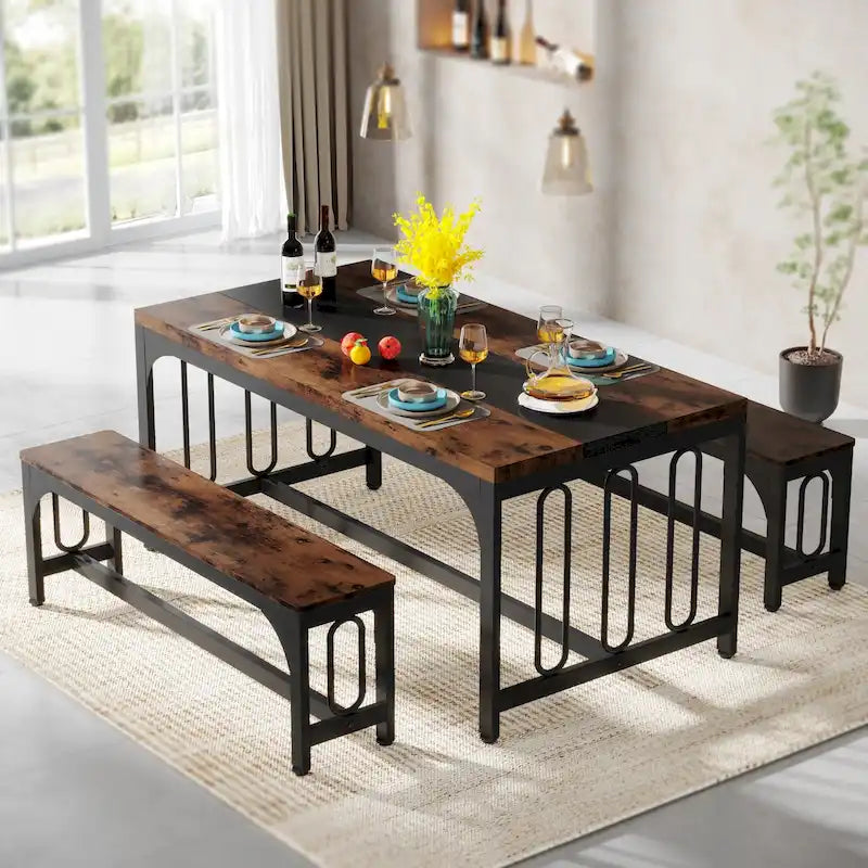 Ensemble de table de salle à manger 55 pour 4 à 6 personnes, table de cuisine 3 pièces style ferme avec 2 bancs, ensemble de table de cuisine d'angle pour petit-déjeuner
