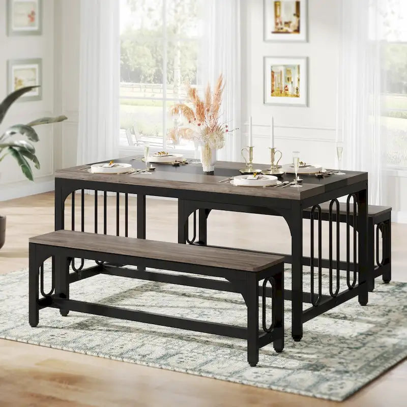 Ensemble de table de salle à manger 55 pour 4 à 6 personnes, table de cuisine 3 pièces style ferme avec 2 bancs, ensemble de table de cuisine d'angle pour petit-déjeuner