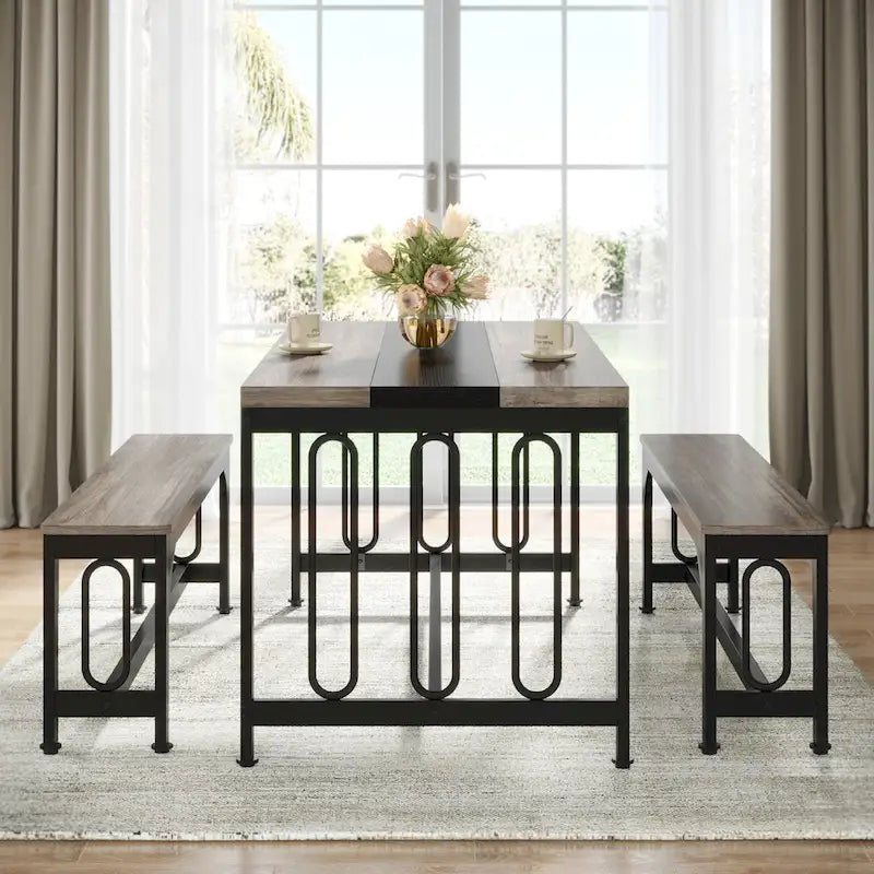 Ensemble de table de salle à manger 55 pour 4 à 6 personnes, table de cuisine 3 pièces style ferme avec 2 bancs, ensemble de table de cuisine d'angle pour petit-déjeuner