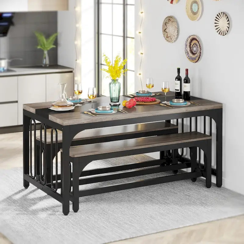 Ensemble de table de salle à manger 55 pour 4 à 6 personnes, table de cuisine 3 pièces style ferme avec 2 bancs, ensemble de table de cuisine d'angle pour petit-déjeuner