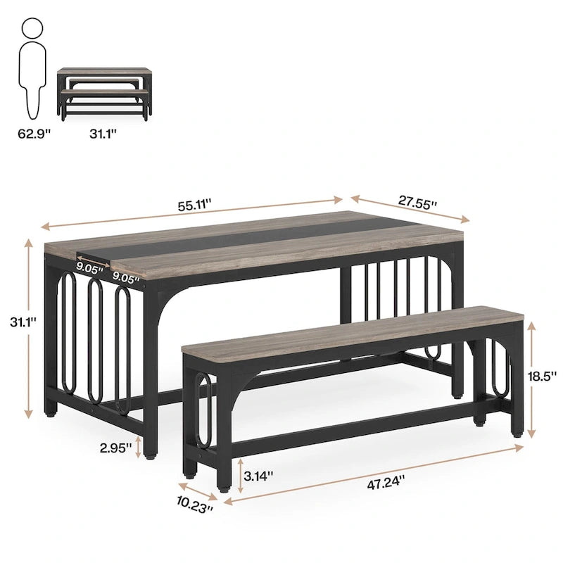 Ensemble de table de salle à manger 55 pour 4 à 6 personnes, table de cuisine 3 pièces style ferme avec 2 bancs, ensemble de table de cuisine d'angle pour petit-déjeuner
