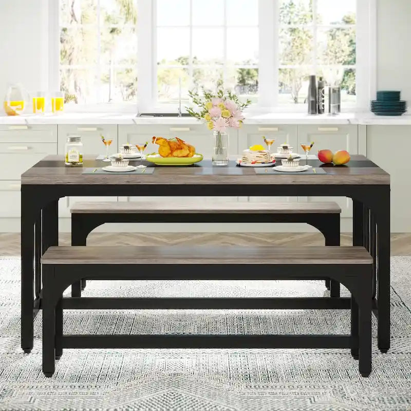 Ensemble de table de salle à manger 55 pour 4 à 6 personnes, table de cuisine 3 pièces style ferme avec 2 bancs, ensemble de table de cuisine d'angle pour petit-déjeuner