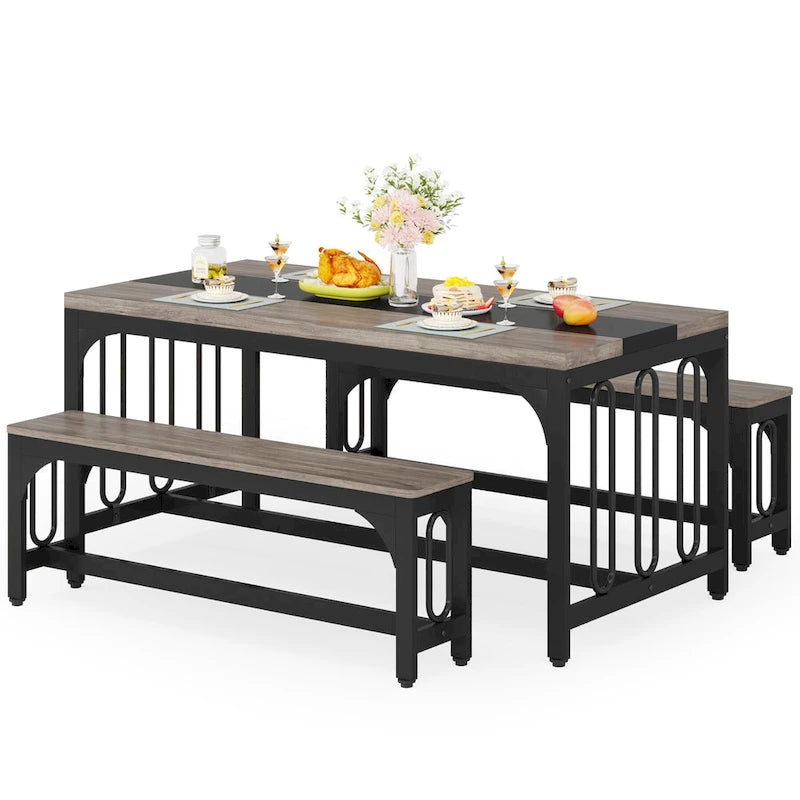 Ensemble de table de salle à manger 55 pour 4 à 6 personnes, table de cuisine 3 pièces style ferme avec 2 bancs, ensemble de table de cuisine d'angle pour petit-déjeuner