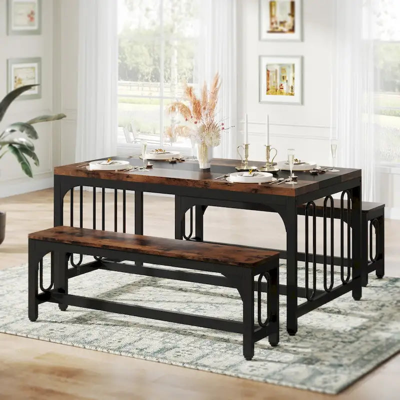 Ensemble de table de salle à manger 55 pour 4 à 6 personnes, table de cuisine 3 pièces style ferme avec 2 bancs, ensemble de table de cuisine d'angle pour petit-déjeuner