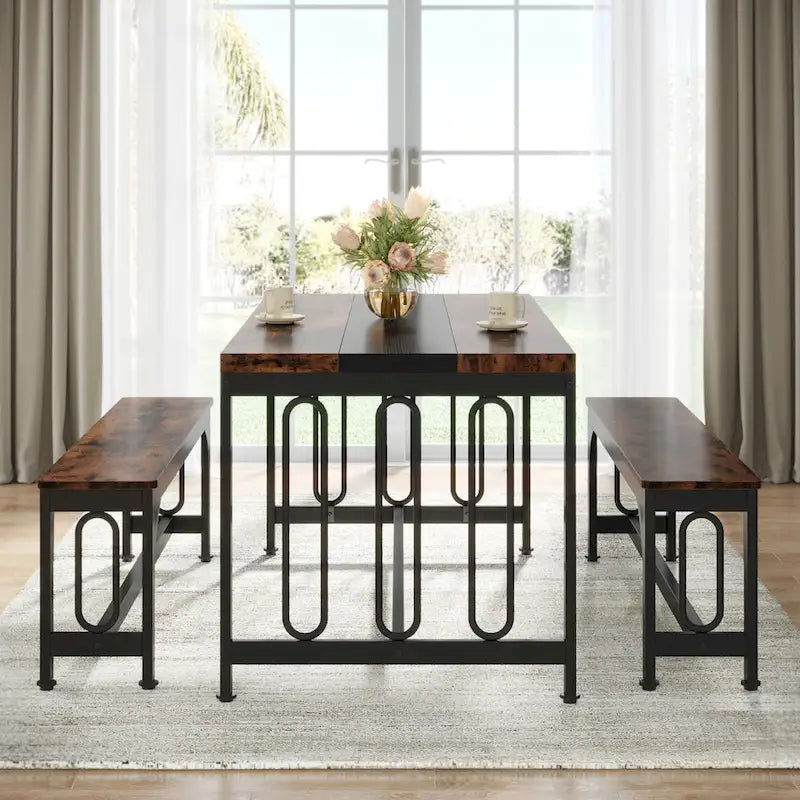 Ensemble de table de salle à manger 55 pour 4 à 6 personnes, table de cuisine 3 pièces style ferme avec 2 bancs, ensemble de table de cuisine d'angle pour petit-déjeuner