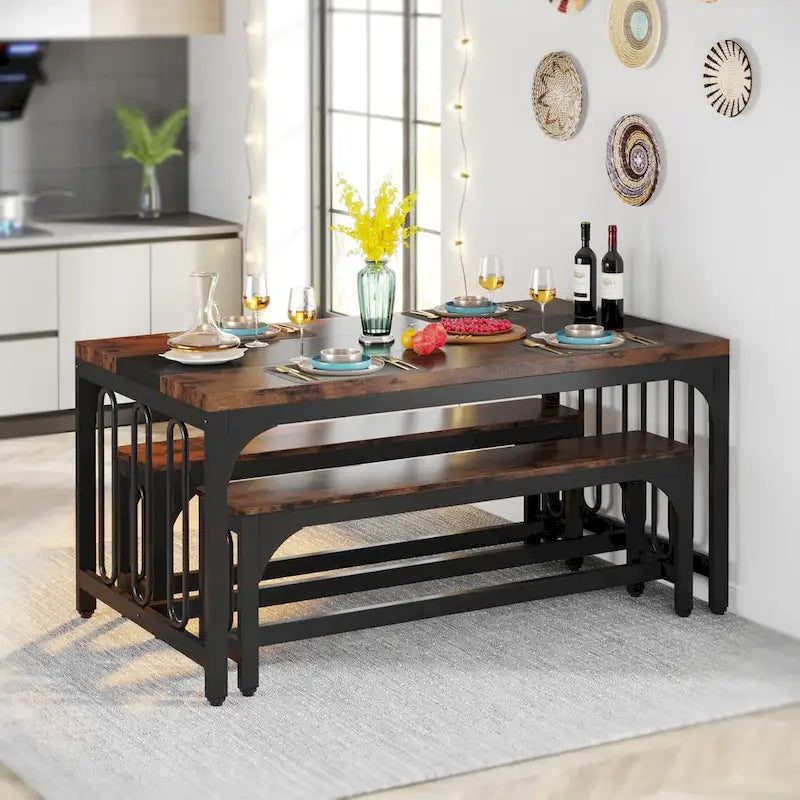 Ensemble de table de salle à manger 55 pour 4 à 6 personnes, table de cuisine 3 pièces style ferme avec 2 bancs, ensemble de table de cuisine d'angle pour petit-déjeuner