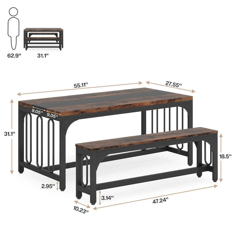 Ensemble de table de salle à manger 55 pour 4 à 6 personnes, table de cuisine 3 pièces style ferme avec 2 bancs, ensemble de table de cuisine d'angle pour petit-déjeuner