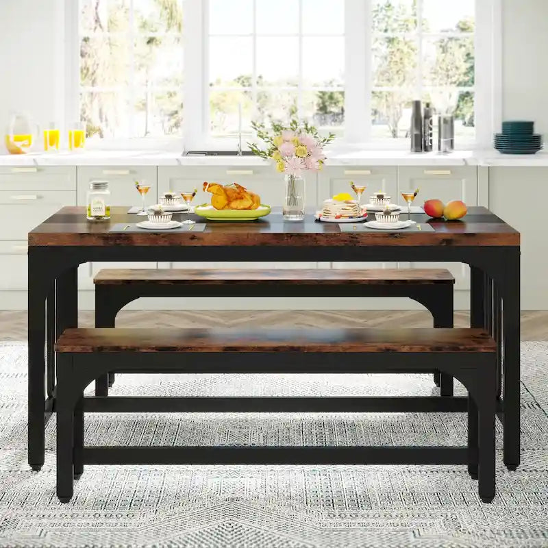 Ensemble de table de salle à manger 55 pour 4 à 6 personnes, table de cuisine 3 pièces style ferme avec 2 bancs, ensemble de table de cuisine d'angle pour petit-déjeuner