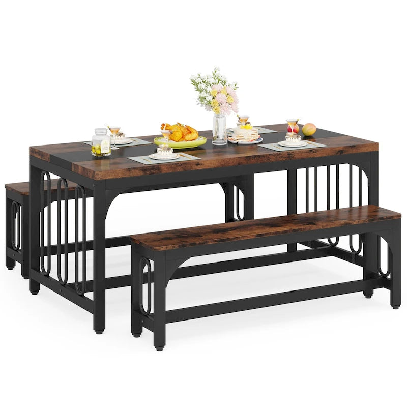 Ensemble de table de salle à manger 55 pour 4 à 6 personnes, table de cuisine 3 pièces style ferme avec 2 bancs, ensemble de table de cuisine d'angle pour petit-déjeuner