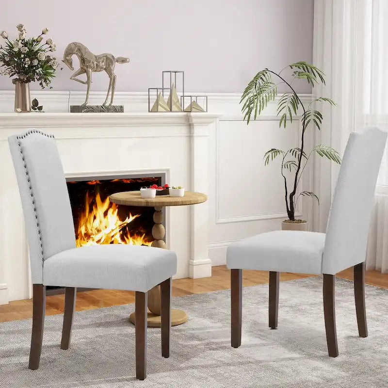 Lot de 2 chaises de salle à manger, chaises de salle à manger rembourrées en tissu avec cadre en bois massif et cloutage