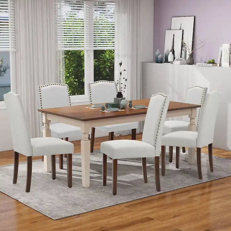 Lot de 2 chaises de salle à manger, chaises de salle à manger rembourrées en tissu avec cadre en bois massif et cloutage