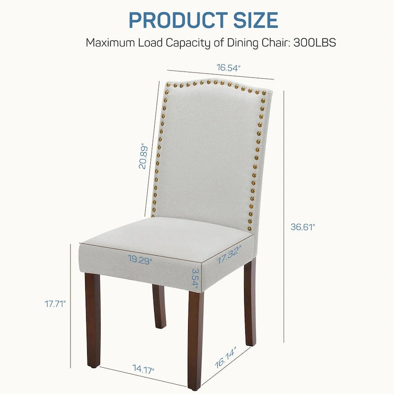 Lot de 2 chaises de salle à manger, chaises de salle à manger rembourrées en tissu avec cadre en bois massif et cloutage