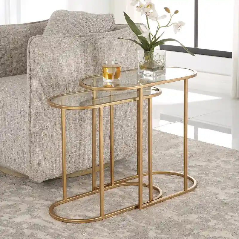 Tables gigognes en laiton brossé antique, lot de 2 - 24W x 22H x 12.5D