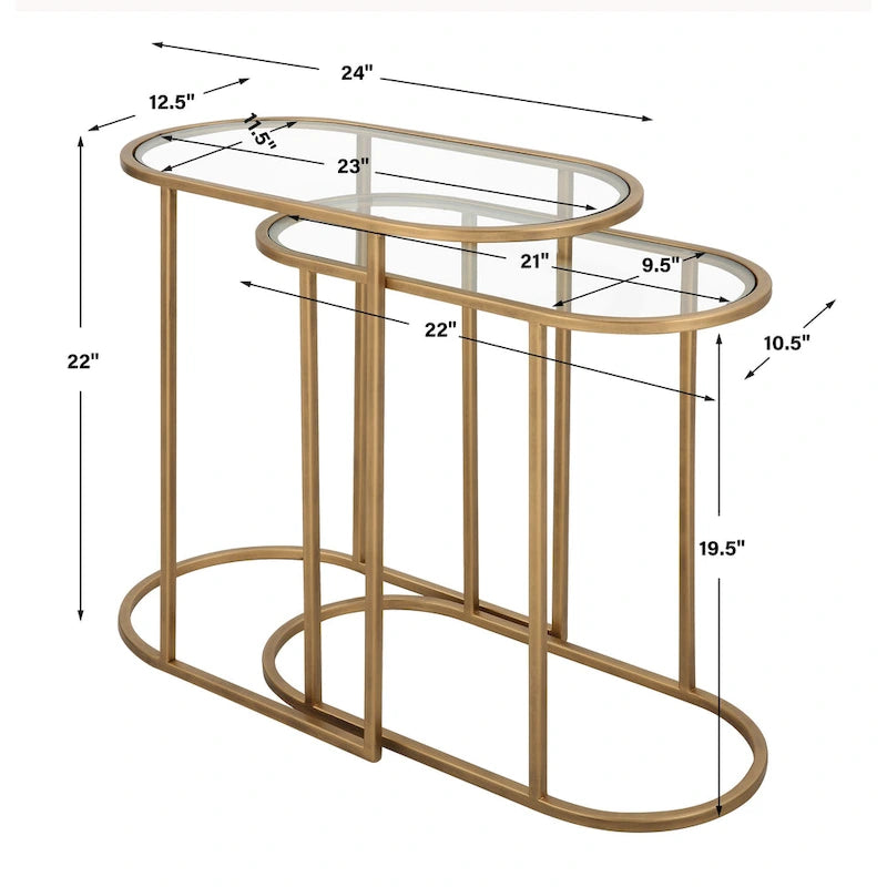 Tables gigognes en laiton brossé antique, lot de 2 - 24W x 22H x 12.5D