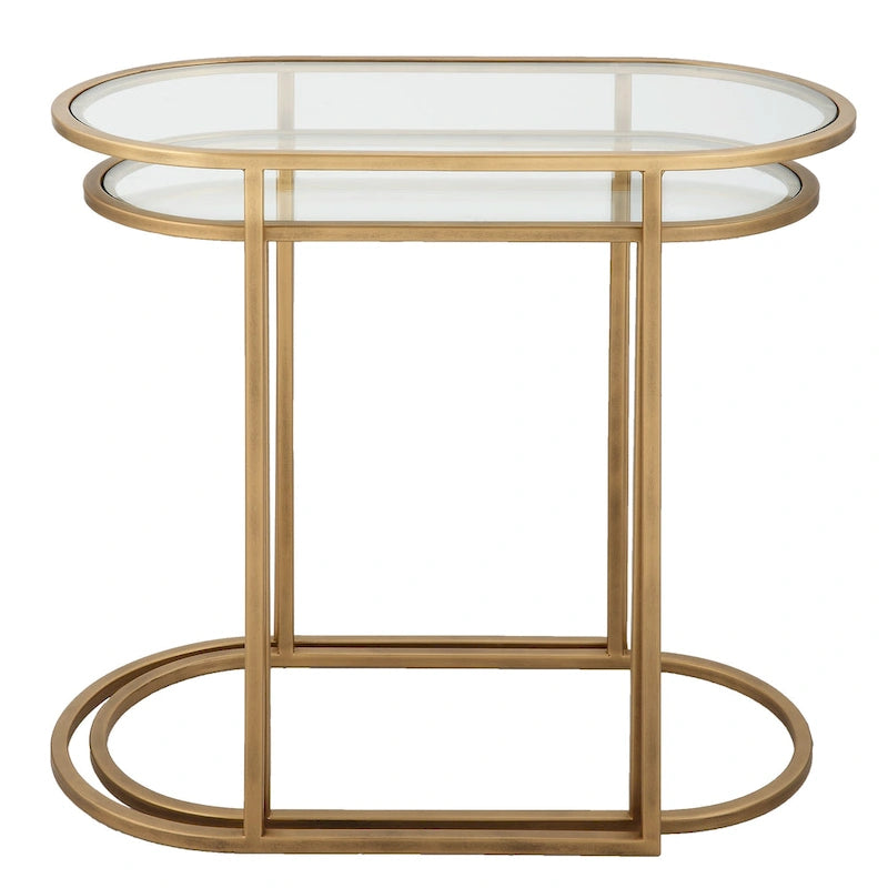 Tables gigognes en laiton brossé antique, lot de 2 - 24W x 22H x 12.5D
