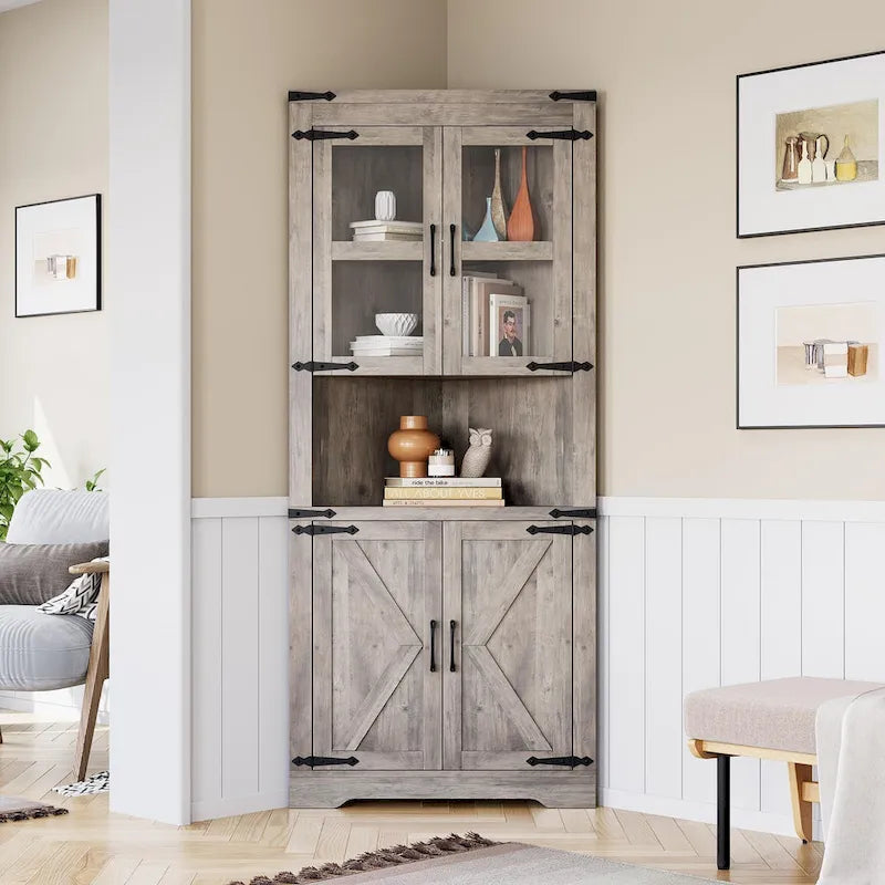 Farmhouse Corner Cabinet, Tall Corner Storage Cabinet with Barn Door & Adjustable Shelves