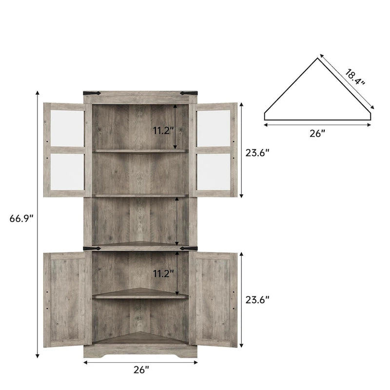 Meuble d'angle de ferme, Meuble de rangement d'angle haut avec porte de grange et étagères réglables