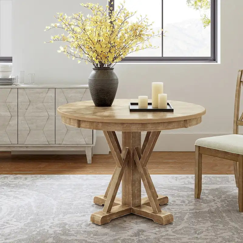 Table de salle à manger ronde Felicia Farmhouse en bois massif naturel avec piètement en croix pour 4 personnes par HULALA HOME