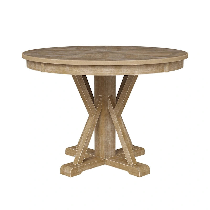 Table de salle à manger ronde Felicia Farmhouse en bois massif naturel avec piètement en croix pour 4 personnes par HULALA HOME