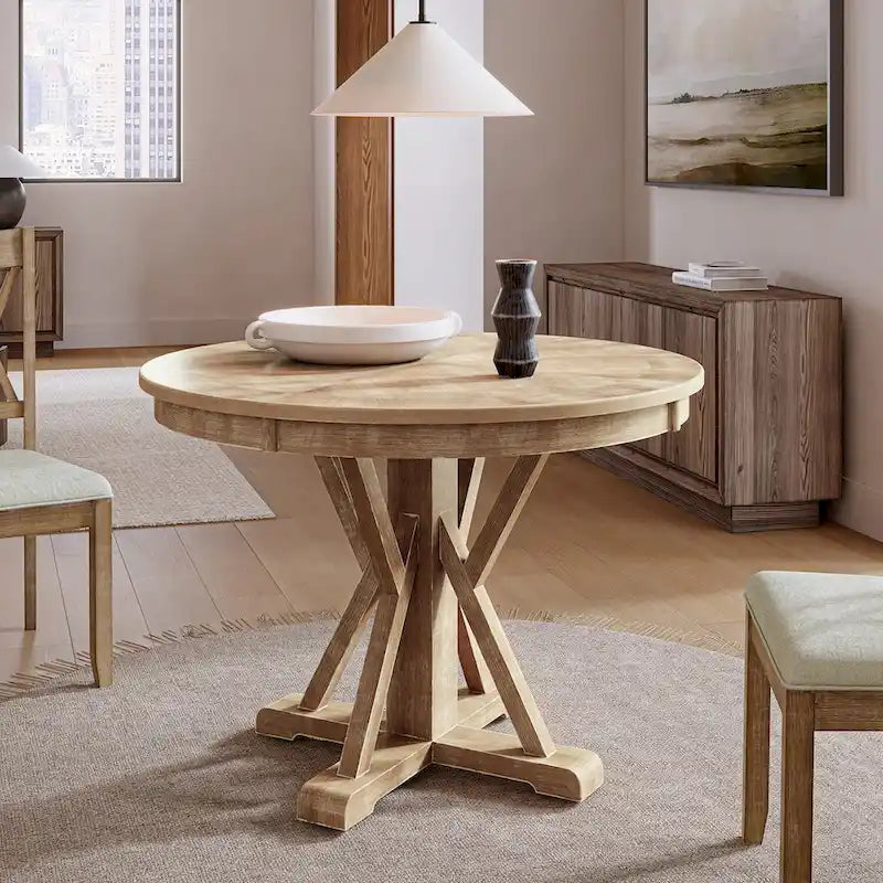 Table de salle à manger ronde Felicia Farmhouse en bois massif naturel avec piètement en croix pour 4 personnes par HULALA HOME
