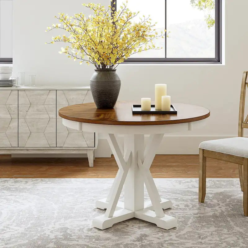 Table de salle à manger ronde Felicia Farmhouse en bois massif naturel avec piètement en croix pour 4 personnes par HULALA HOME