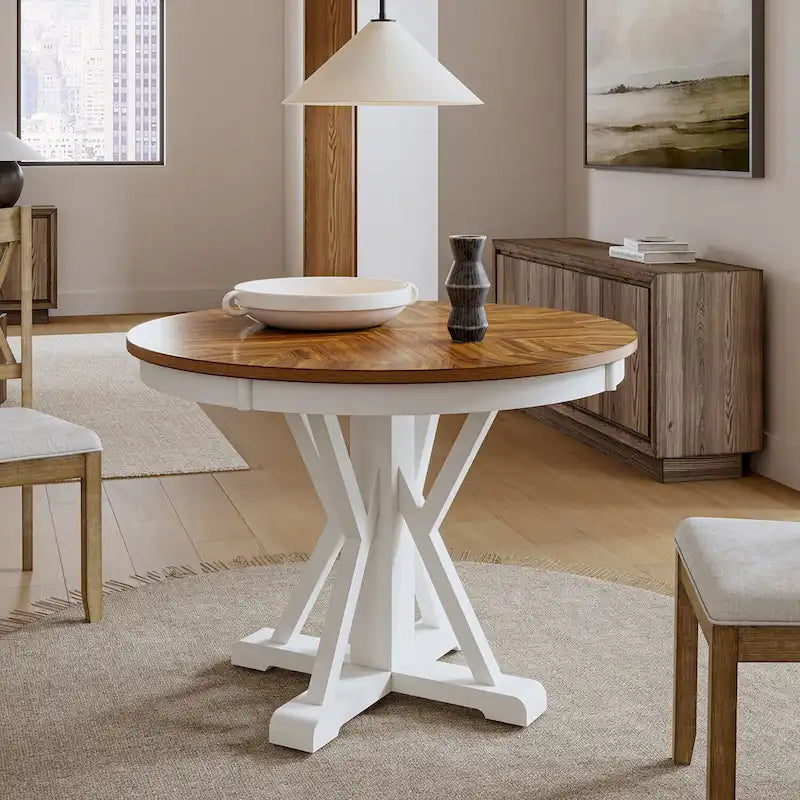 Table de salle à manger ronde Felicia Farmhouse en bois massif naturel avec piètement en croix pour 4 personnes par HULALA HOME