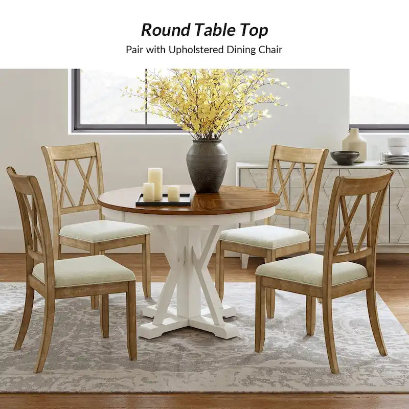 Table de salle à manger ronde Felicia Farmhouse en bois massif naturel avec piètement en croix pour 4 personnes par HULALA HOME