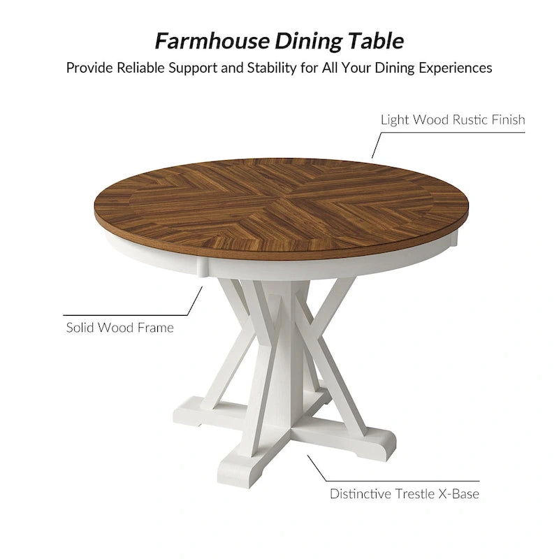 Table de salle à manger ronde Felicia Farmhouse en bois massif naturel avec piètement en croix pour 4 personnes par HULALA HOME