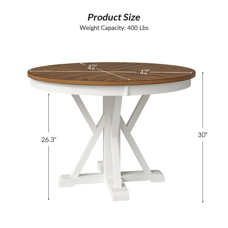 Table de salle à manger ronde Felicia Farmhouse en bois massif naturel avec piètement en croix pour 4 personnes par HULALA HOME