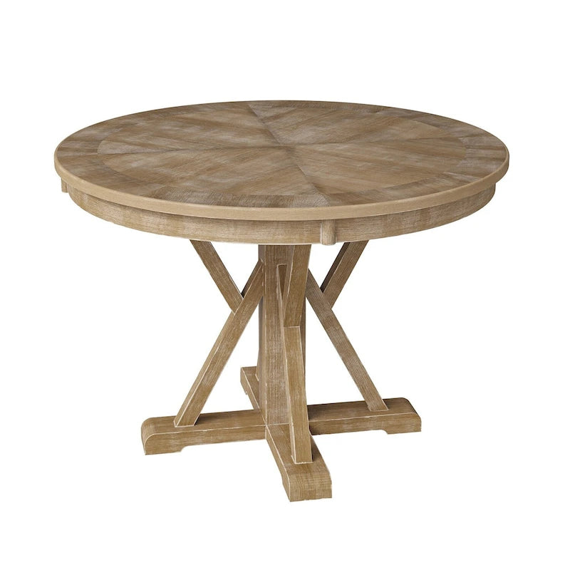 Table de salle à manger ronde Felicia Farmhouse en bois massif naturel avec piètement en croix pour 4 personnes par HULALA HOME